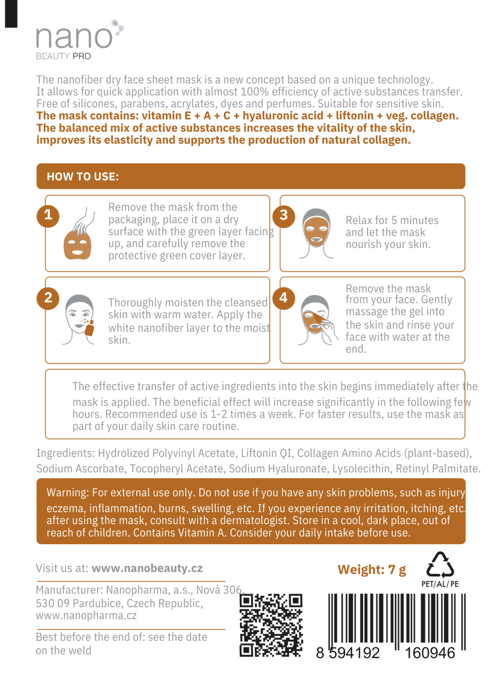 Nano Beauty Pro: Face mask with Nanofibers and collagen with intensive lifting effect